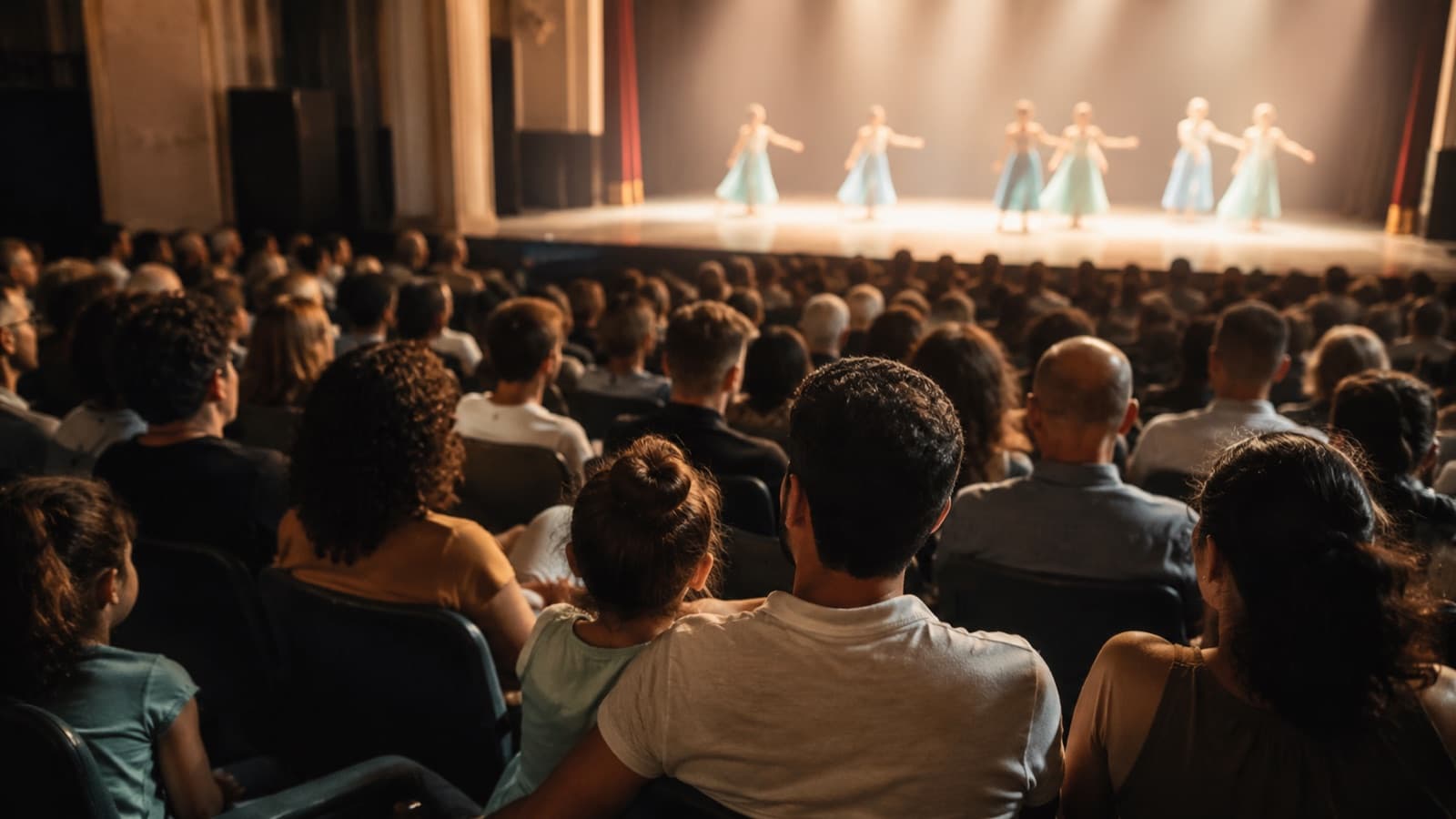 Plateia lotada assistindo a um espetáculo de dança, com famílias que ainda não são alunas