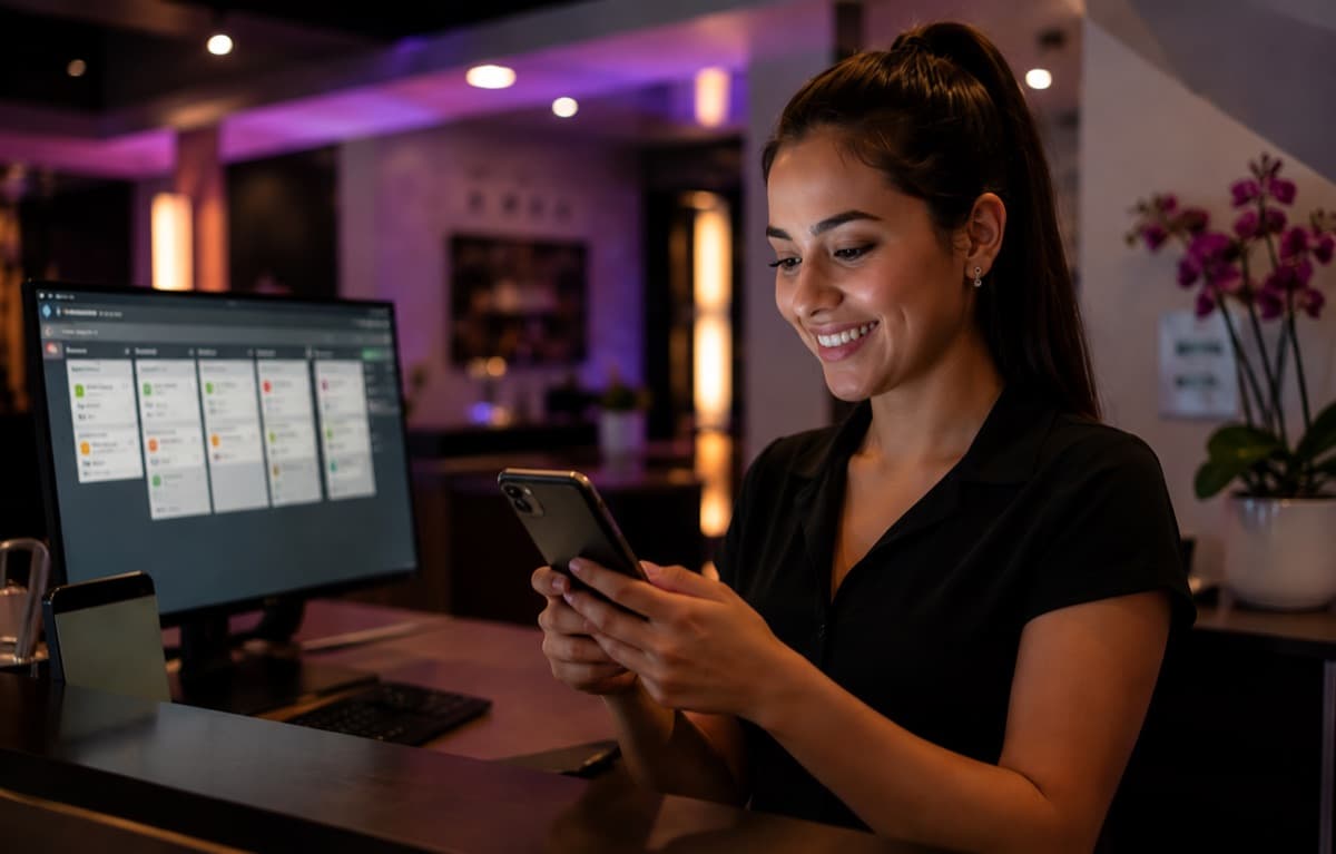 Tela de computador mostrando painel de gestão de leads e conversas de uma escola de dança