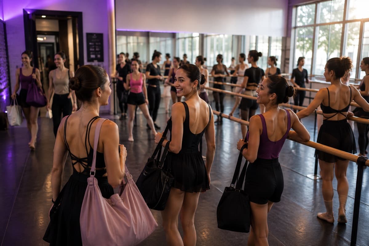 Recepção de escola de dança com mãe e criança sendo atendidas na entrada, representando o primeiro contato de um novo aluno