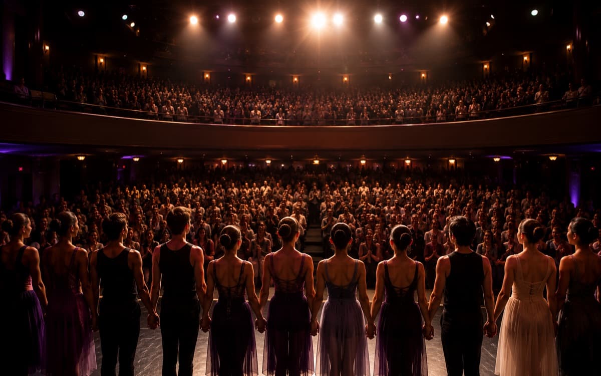 Bastidores de espetáculo de dança com bailarinas de figurino se preparando antes de entrar no palco
