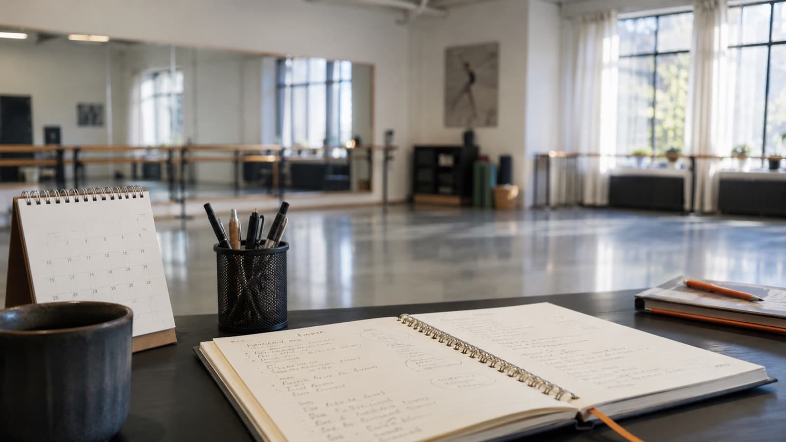 Caderno de planejamento aberto sobre a mesa de uma escola de dança com metas do ano