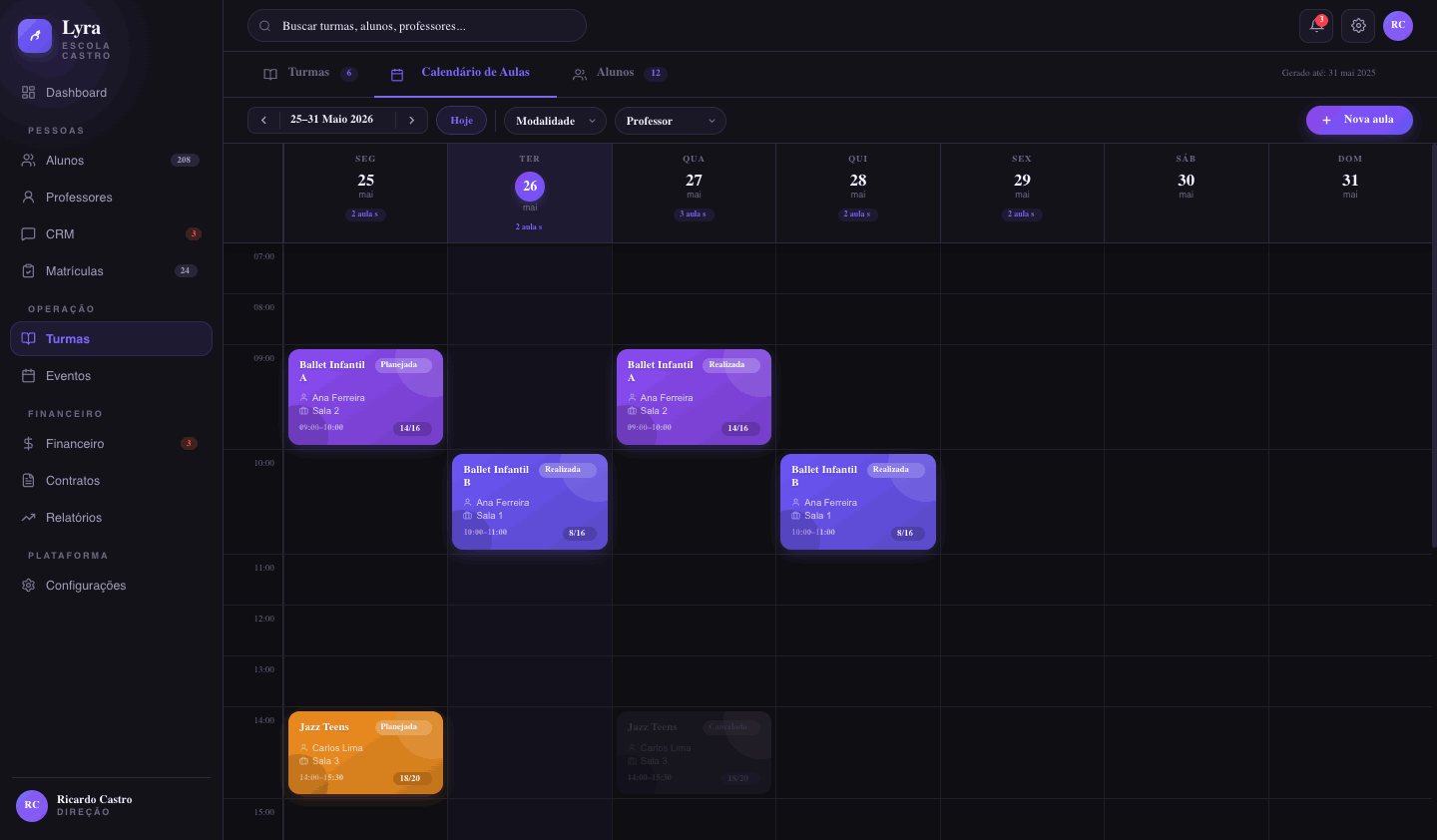 Calendário de turmas Lyra